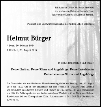 Anzeige von Helmut Bürger von Kölner Stadt-Anzeiger / Kölnische Rundschau / Express
