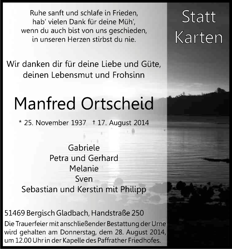  Traueranzeige für Manfred Ortscheid vom 23.08.2014 aus Kölner Stadt-Anzeiger / Kölnische Rundschau / Express