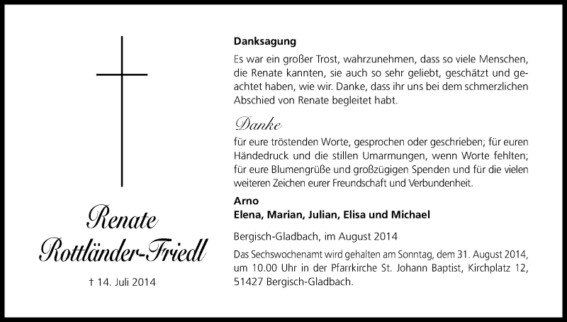  Traueranzeige für Renate Rottländer-Friedl vom 23.08.2014 aus Kölner Stadt-Anzeiger / Kölnische Rundschau / Express