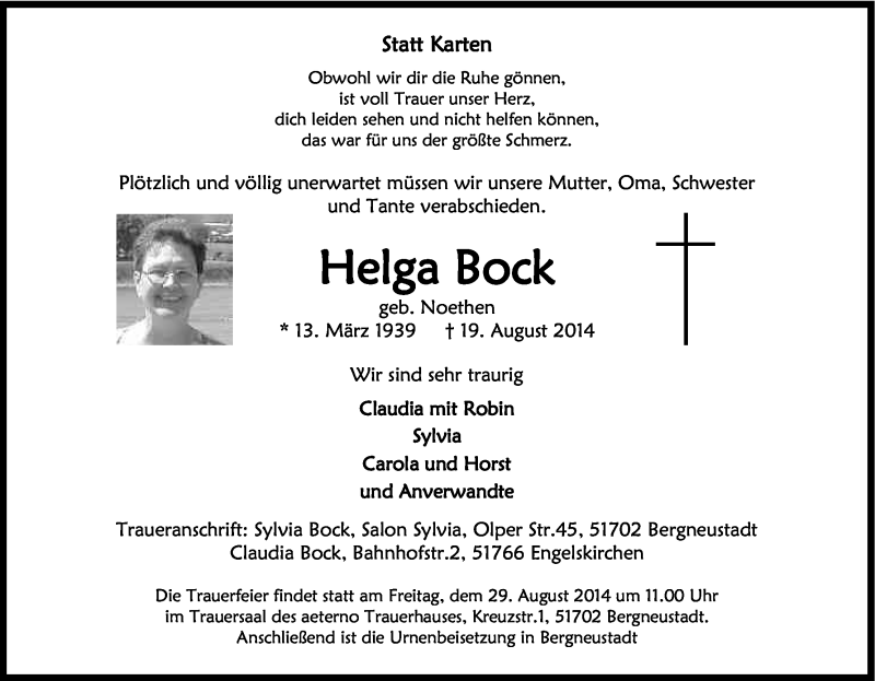  Traueranzeige für Helga Bock vom 23.08.2014 aus Kölner Stadt-Anzeiger / Kölnische Rundschau / Express