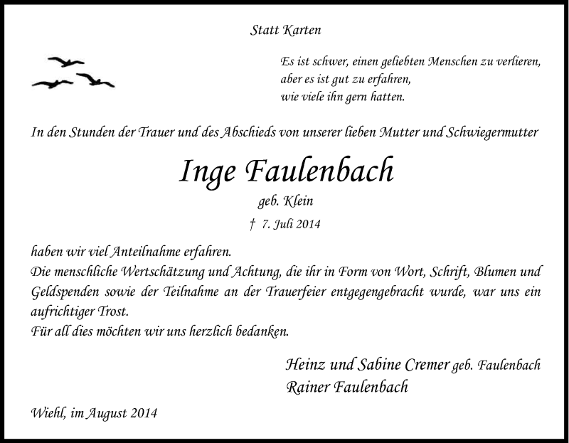 Traueranzeige für Inge Faulenbach vom 23.08.2014 aus Kölner Stadt-Anzeiger / Kölnische Rundschau / Express