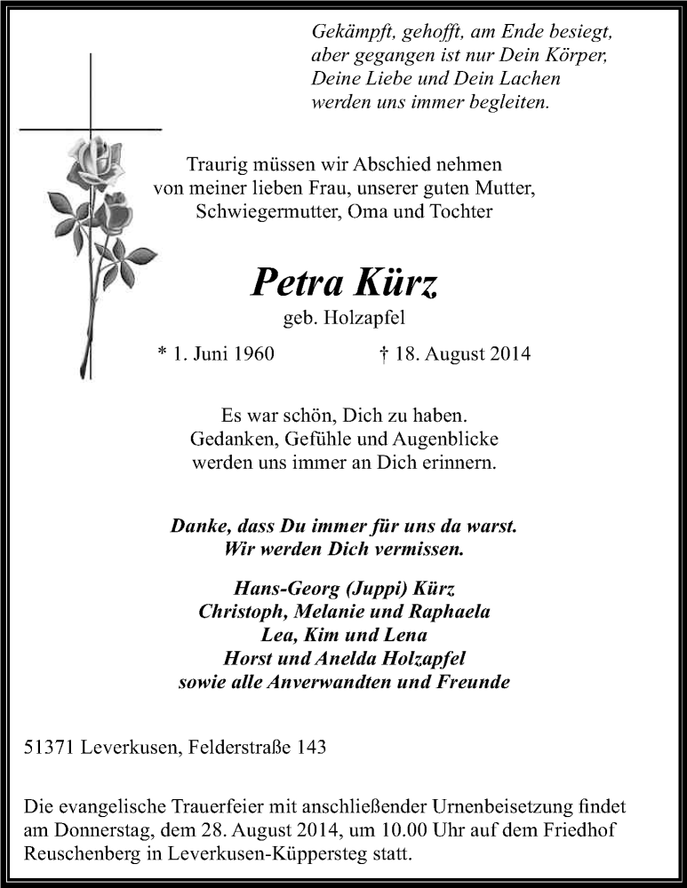  Traueranzeige für Petra Kürz vom 23.08.2014 aus Kölner Stadt-Anzeiger / Kölnische Rundschau / Express