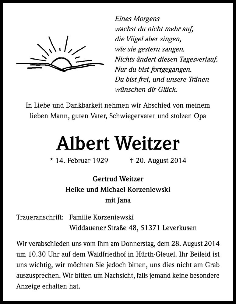  Traueranzeige für Albert Weitzer vom 23.08.2014 aus Kölner Stadt-Anzeiger / Kölnische Rundschau / Express