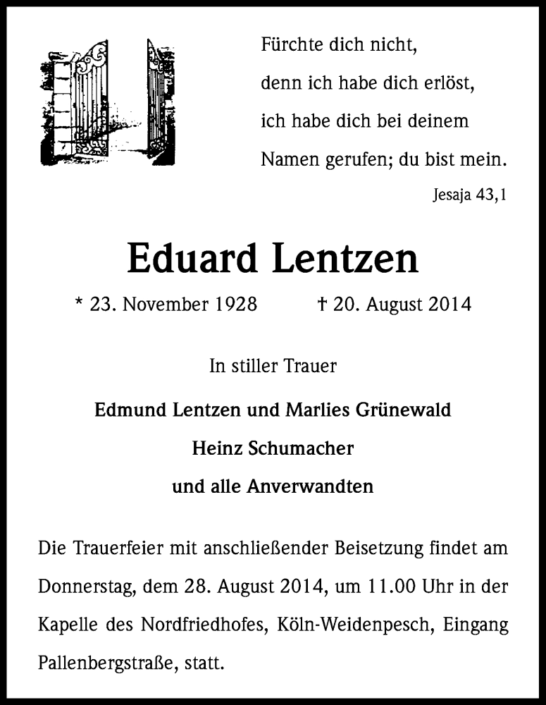  Traueranzeige für Eduard Lentzen vom 23.08.2014 aus Kölner Stadt-Anzeiger / Kölnische Rundschau / Express