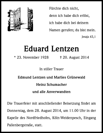 Anzeige von Eduard Lentzen von Kölner Stadt-Anzeiger / Kölnische Rundschau / Express