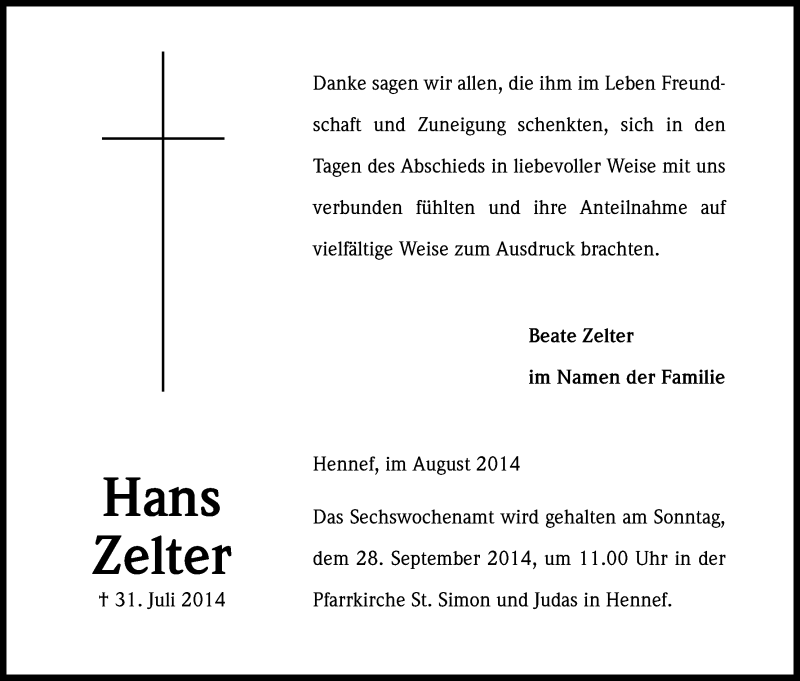  Traueranzeige für Hans Zelter vom 23.08.2014 aus Kölner Stadt-Anzeiger / Kölnische Rundschau / Express