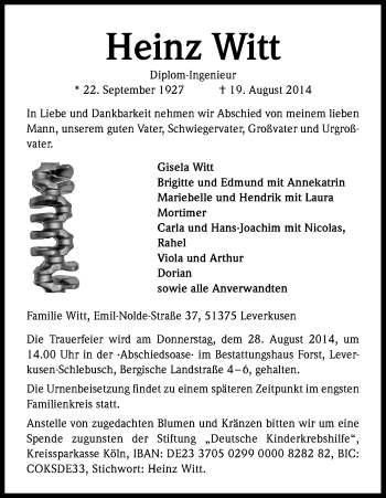 Anzeige von Heinz Witt von Kölner Stadt-Anzeiger / Kölnische Rundschau / Express