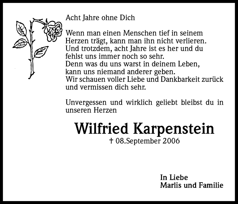  Traueranzeige für Wilfried Karpenstein vom 08.09.2014 aus Kölner Stadt-Anzeiger / Kölnische Rundschau / Express