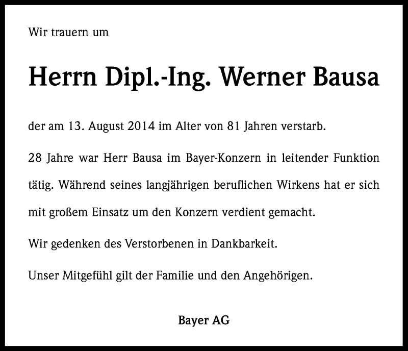  Traueranzeige für Werner Bausa vom 25.08.2014 aus Kölner Stadt-Anzeiger / Kölnische Rundschau / Express