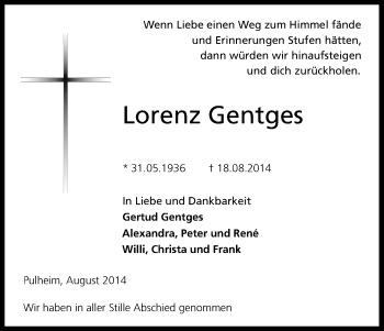Anzeige von Lorenz Gentges von Kölner Stadt-Anzeiger / Kölnische Rundschau / Express
