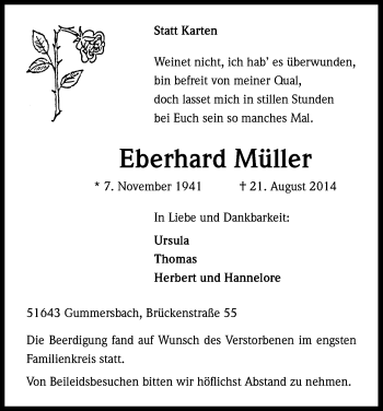 Anzeige von Eberhard Müller von Kölner Stadt-Anzeiger / Kölnische Rundschau / Express