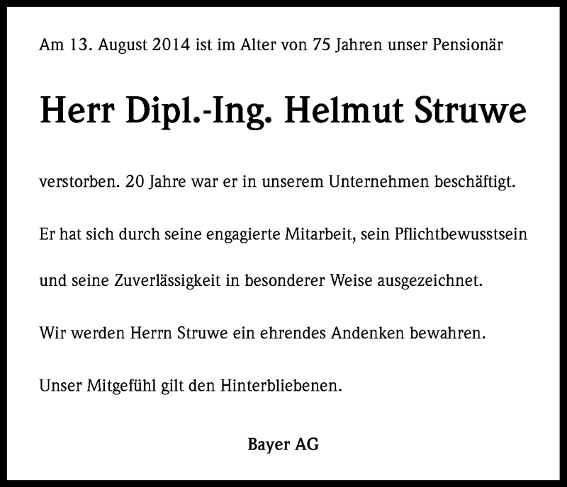  Traueranzeige für Helmut Struwe vom 25.08.2014 aus Kölner Stadt-Anzeiger / Kölnische Rundschau / Express