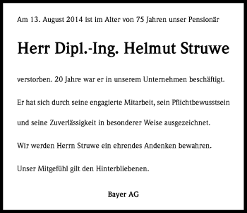 Anzeige von Helmut Struwe von Kölner Stadt-Anzeiger / Kölnische Rundschau / Express