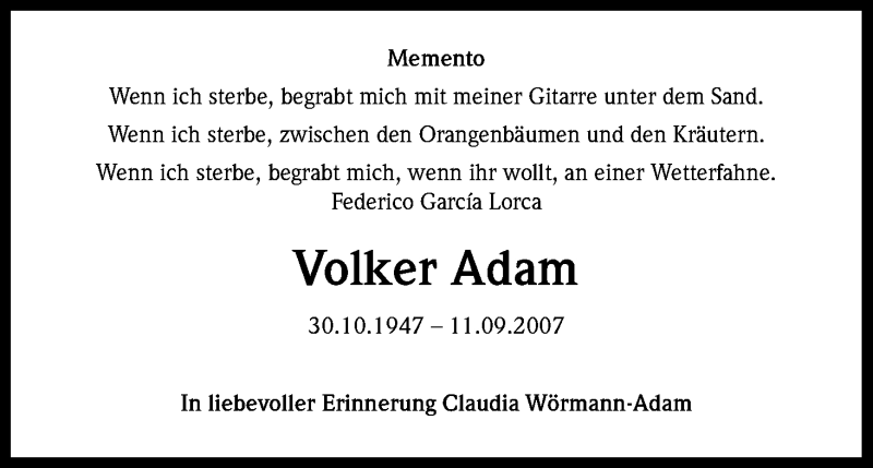  Traueranzeige für Volker Adam vom 11.09.2014 aus Kölner Stadt-Anzeiger / Kölnische Rundschau / Express