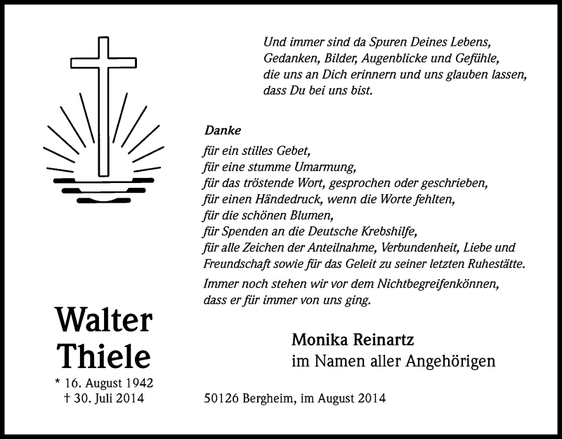  Traueranzeige für Walter Thiele vom 30.08.2014 aus Kölner Stadt-Anzeiger / Kölnische Rundschau / Express