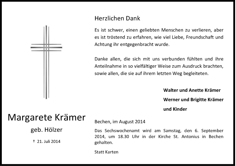  Traueranzeige für Margarete Krämer vom 30.08.2014 aus Kölner Stadt-Anzeiger / Kölnische Rundschau / Express
