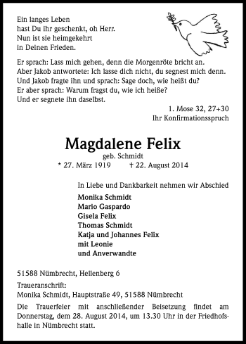 Anzeige von Magdalene Felix von Kölner Stadt-Anzeiger / Kölnische Rundschau / Express