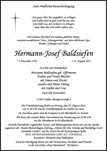 Anzeige von Hermann-losef Balisiefen von Kölner Stadt-Anzeiger / Kölnische Rundschau / Express