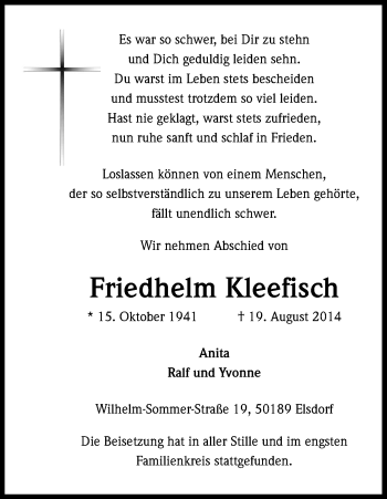 Anzeige von Friedhelm Kleefisch von Kölner Stadt-Anzeiger / Kölnische Rundschau / Express