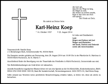 Anzeige von Karl-Heinz Koep von Kölner Stadt-Anzeiger / Kölnische Rundschau / Express