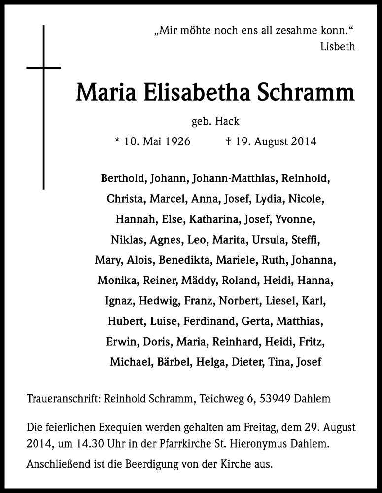  Traueranzeige für Maria Elisabetha Schramm vom 27.08.2014 aus Kölner Stadt-Anzeiger / Kölnische Rundschau / Express