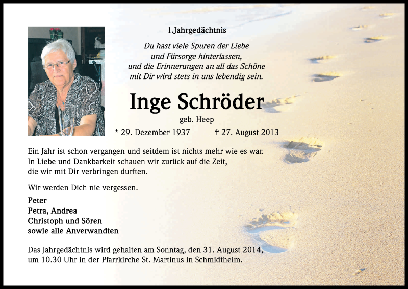  Traueranzeige für Inge Schröder vom 27.08.2014 aus Kölner Stadt-Anzeiger / Kölnische Rundschau / Express