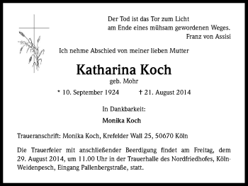 Anzeige von Katharina Koch von Kölner Stadt-Anzeiger / Kölnische Rundschau / Express