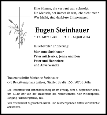 Anzeige von Eugen Steinhauer von Kölner Stadt-Anzeiger / Kölnische Rundschau / Express