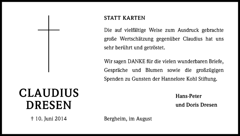  Traueranzeige für Claudius Dresen vom 27.08.2014 aus Kölner Stadt-Anzeiger / Kölnische Rundschau / Express