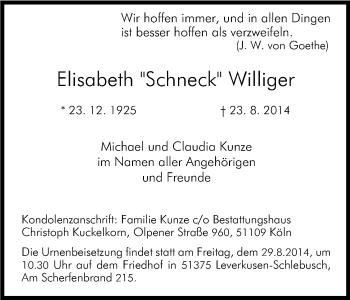 Anzeige von Elisabeth Williger von Kölner Stadt-Anzeiger / Kölnische Rundschau / Express