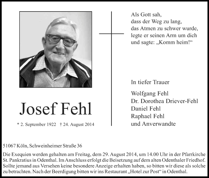  Traueranzeige für Josef Fehl vom 26.08.2014 aus Kölner Stadt-Anzeiger / Kölnische Rundschau / Express