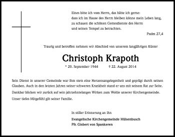 Anzeige von Christoph Krapoth von Kölner Stadt-Anzeiger / Kölnische Rundschau / Express