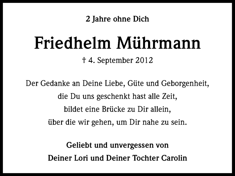  Traueranzeige für Friedhelm Mührmann vom 04.09.2014 aus Kölner Stadt-Anzeiger / Kölnische Rundschau / Express