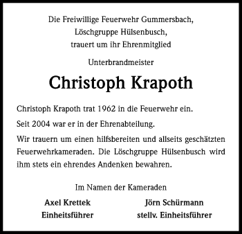 Anzeige von Christoph Krapoth von Kölner Stadt-Anzeiger / Kölnische Rundschau / Express