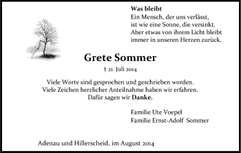 Anzeige von Grete Sommer von Kölner Stadt-Anzeiger / Kölnische Rundschau / Express