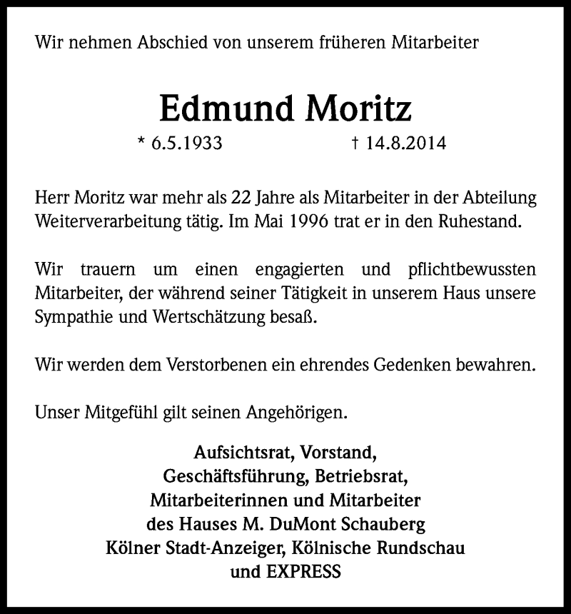  Traueranzeige für Edmund Moritz vom 30.08.2014 aus Kölner Stadt-Anzeiger / Kölnische Rundschau / Express