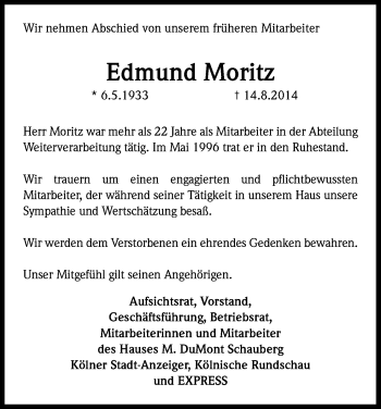 Anzeige von Edmund Moritz von Kölner Stadt-Anzeiger / Kölnische Rundschau / Express