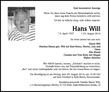 Anzeige von Hans Will von Kölner Stadt-Anzeiger / Kölnische Rundschau / Express