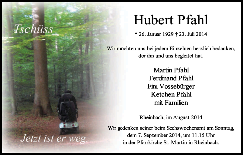  Traueranzeige für Hubert Pfahl vom 30.08.2014 aus Kölner Stadt-Anzeiger / Kölnische Rundschau / Express
