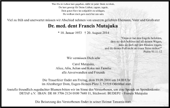 Anzeige von Francis Mutajuka von Kölner Stadt-Anzeiger / Kölnische Rundschau / Express