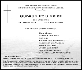 Anzeige von Gudrun Pollmeier von Kölner Stadt-Anzeiger / Kölnische Rundschau / Express