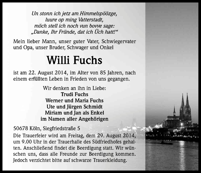  Traueranzeige für Willi Fuchs vom 27.08.2014 aus Kölner Stadt-Anzeiger / Kölnische Rundschau / Express