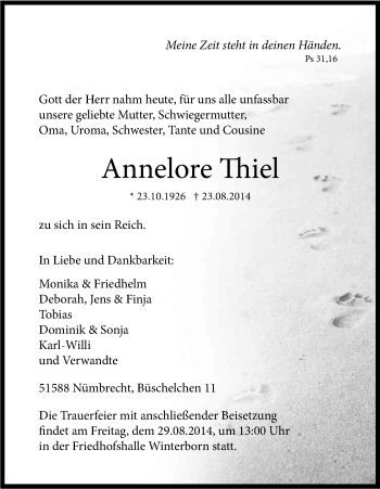 Anzeige von Annelore Thiel von Kölner Stadt-Anzeiger / Kölnische Rundschau / Express