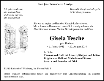 Anzeige von Gisela Tesche von Kölner Stadt-Anzeiger / Kölnische Rundschau / Express