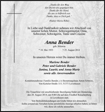 Anzeige von Anna Bender von Kölner Stadt-Anzeiger / Kölnische Rundschau / Express