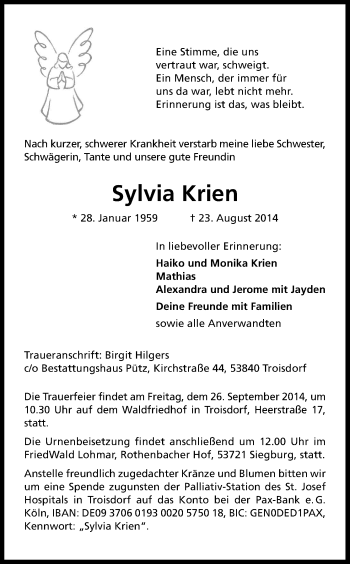 Anzeige von Sylvia Krien von Kölner Stadt-Anzeiger / Kölnische Rundschau / Express