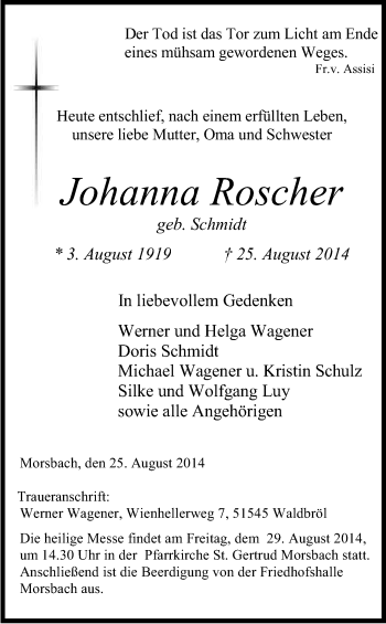 Anzeige von Johanna Roscher von Kölner Stadt-Anzeiger / Kölnische Rundschau / Express