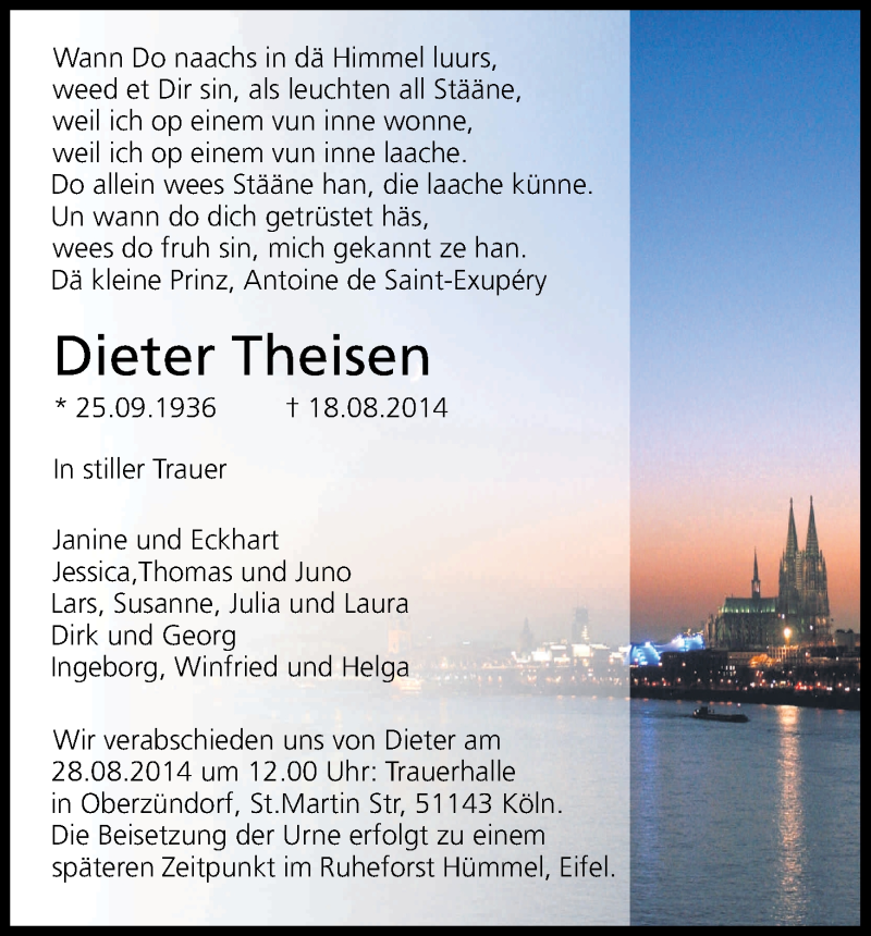  Traueranzeige für Dieter Theisen vom 27.08.2014 aus Kölner Stadt-Anzeiger / Kölnische Rundschau / Express