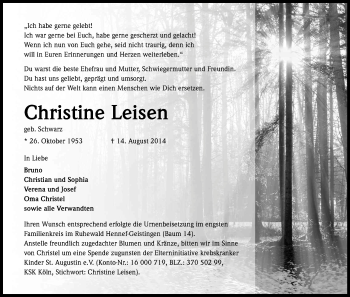 Anzeige von Christine Leisen von Kölner Stadt-Anzeiger / Kölnische Rundschau / Express