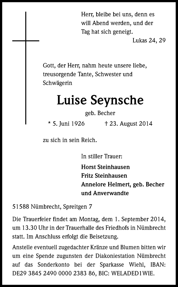  Traueranzeige für Luise Seynsche vom 27.08.2014 aus Kölner Stadt-Anzeiger / Kölnische Rundschau / Express